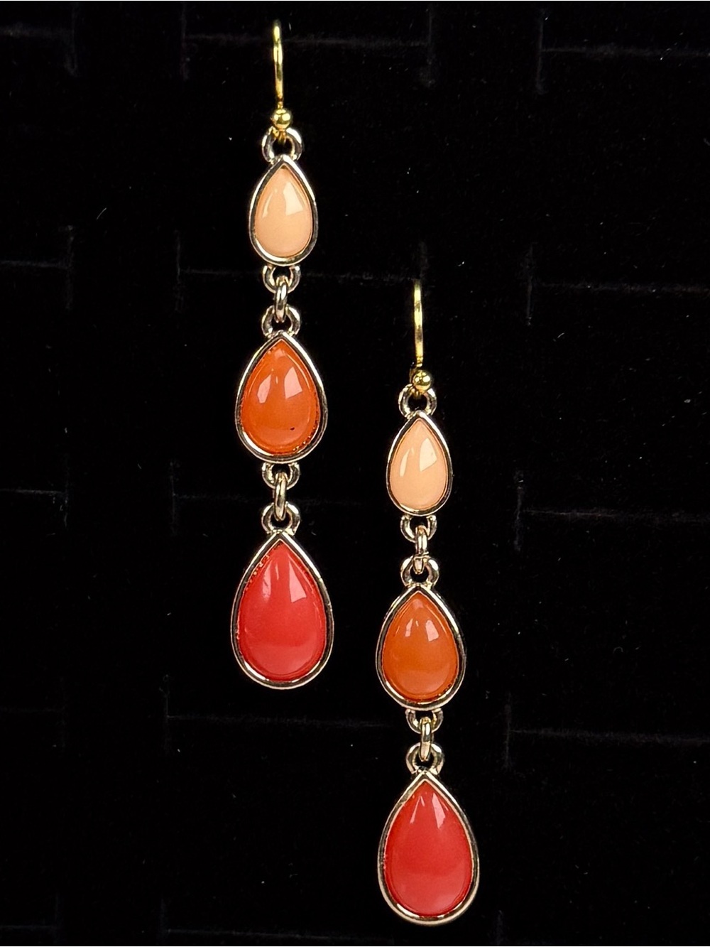 Vintage goldtone, orange and peach long drop pierced earrings